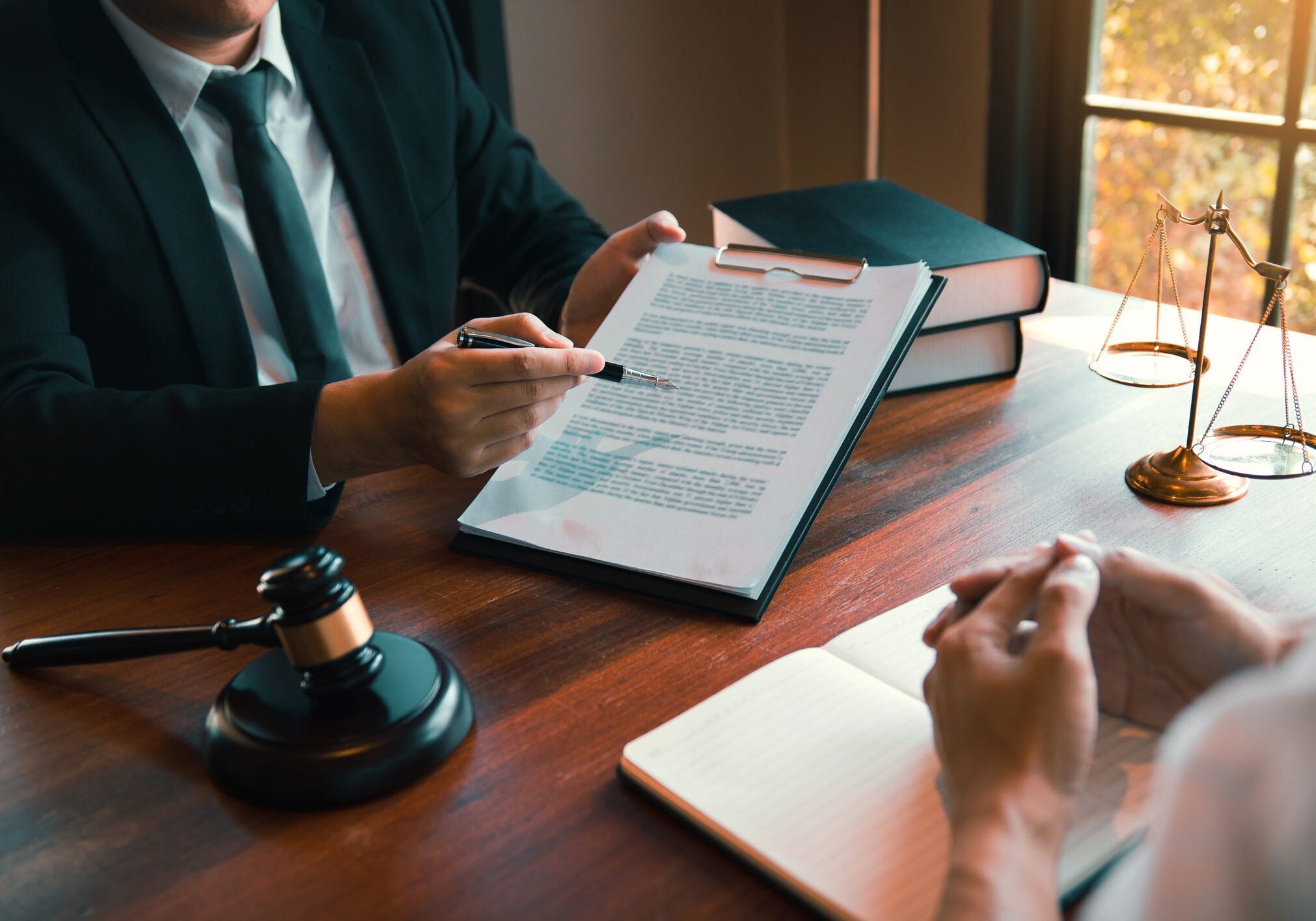 Lawyer discussing legal document with client.